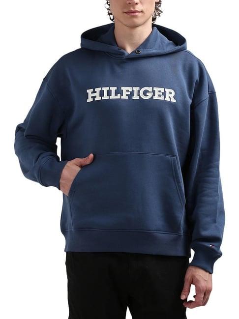 tommy hilfiger mid blue regular fit printed hooded sweatshirt