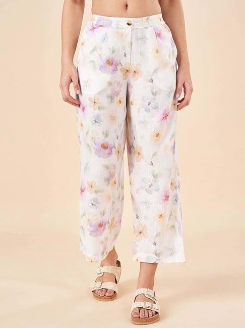 akkriti by pantaloons white & purple linen printed pants