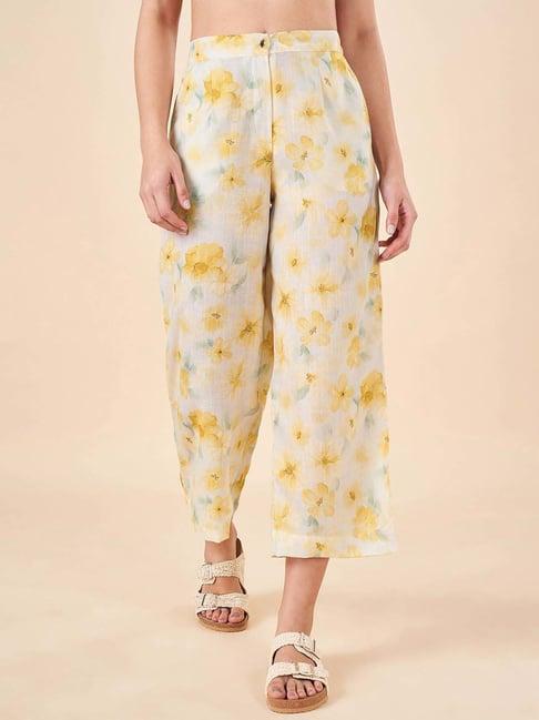 akkriti by pantaloons white & yellow linen printed pants