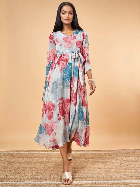 marigold lane grey & pink cotton printed a-line dress