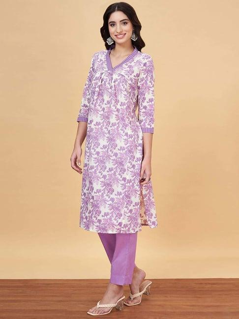 yu by pantaloons purple cotton printed kurta pant set