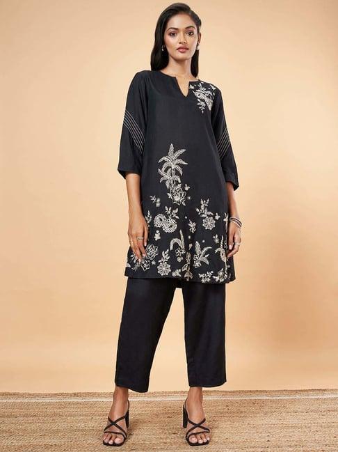 marigold lane black embroidered kurti pant set