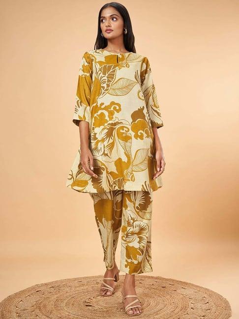 marigold lane yellow printed kurti pant set