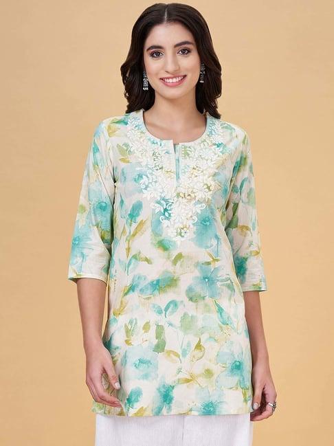 rangmanch by pantaloons green printed straight short kurti