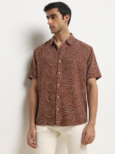 ascot by westside tan abstract design relaxed-fit blended linen shirt