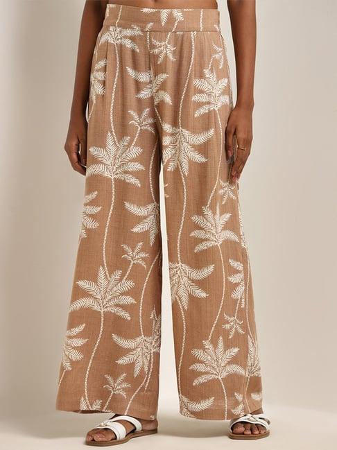 lov by westside dark beige tropical design mid-rise palazzos