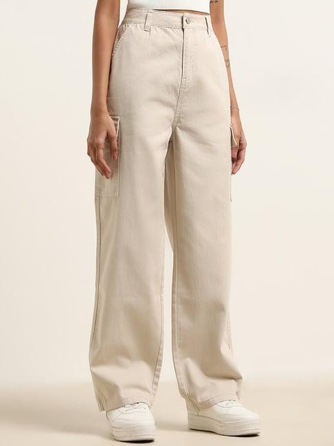 nuon by westside beige cargo-style high-rise relaxed fit jeans