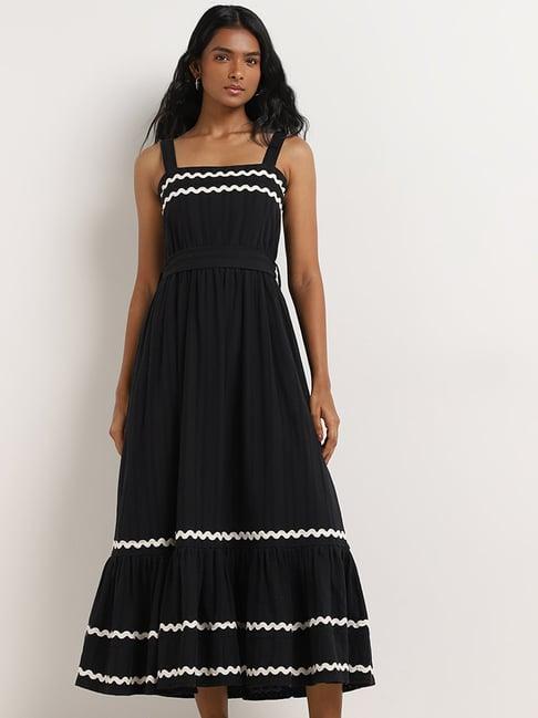 lov by westside black embroidered tiered cotton dress with belt