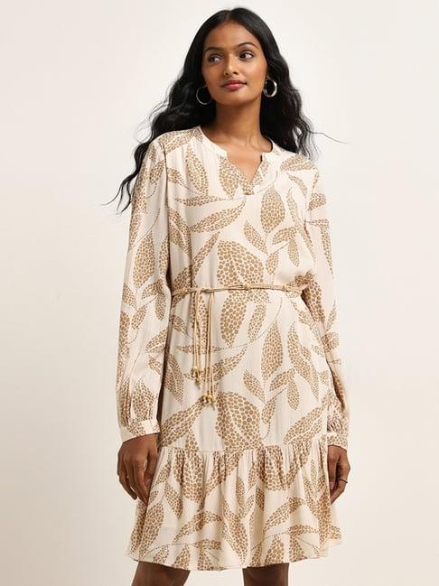 lov by westside beige leaf printed tiered dress with belt