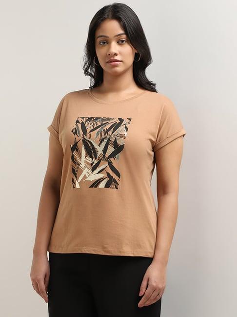 gia by westside light brown leaf design cotton t-shirt