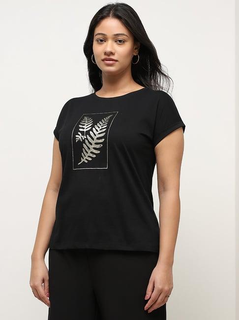 gia by westside black leaf printed cotton t-shirt