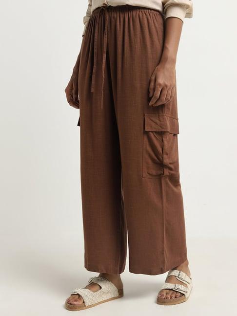 lov by westside brown cargo-style high-rise flared blended linen pants