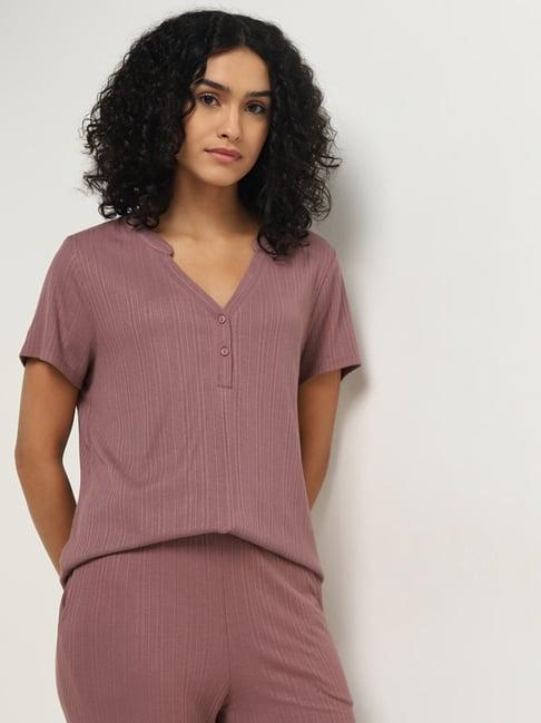 wunderlove by westside mauve ribbed-textured henley top