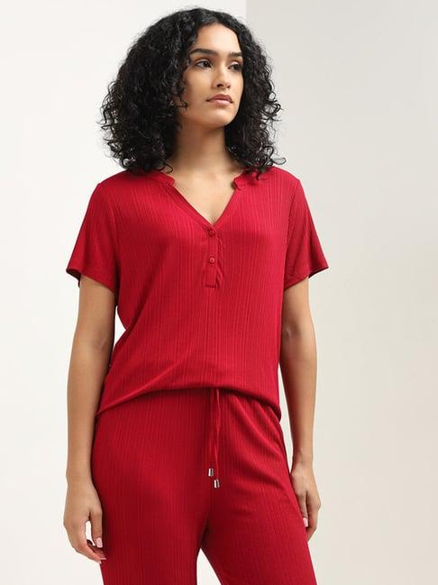 wunderlove by westside red ribbed-textured henley top