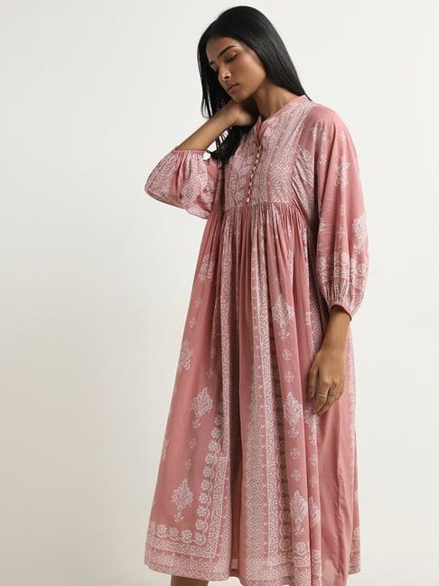 zuba by westside dull pink abstract printed fit-and-flare dress