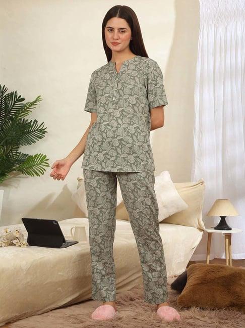 sweet dreams olive green cotton printed top pyjamas set