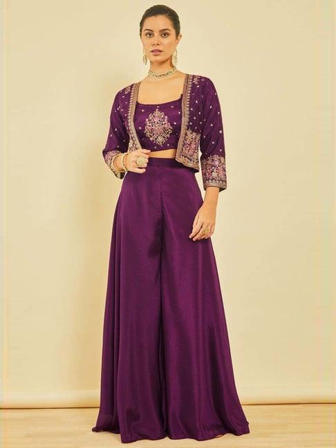 soch purple embellished crop top palazzo set with jacket