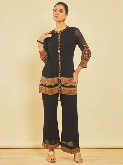 soch black floral print kurti palazzo set