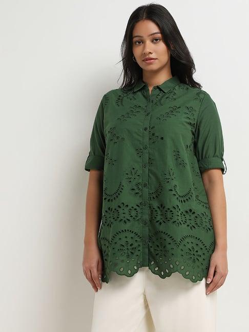 gia by westside dark green schiffli design cotton shirt