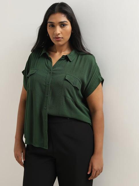 gia by westside dark green crinkle-textured shirt