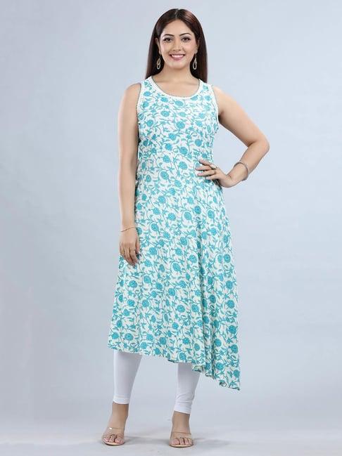 cotton culture white & firozi printed high low kurta