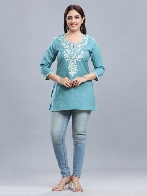 cotton culture turquoise¿ embroidered straight kurti