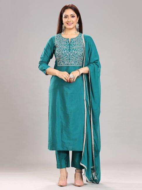 cotton culture peacock green embroidered kurta with pant & dupatta