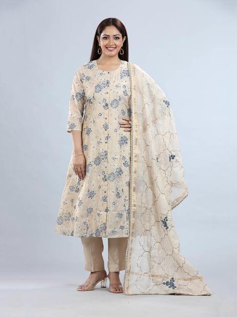 cotton culture beige & blue printed kurta with pant & dupatta