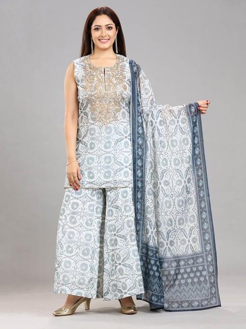 cotton culture off white & blue printed kurta with sharara & dupatta