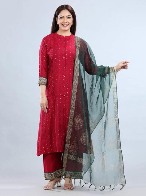 cotton culture maroon embroidered kurta with pant & dupatta