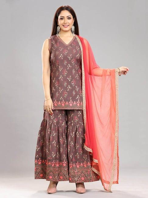 cotton culture brown embroidered kurta with sharara & dupatta