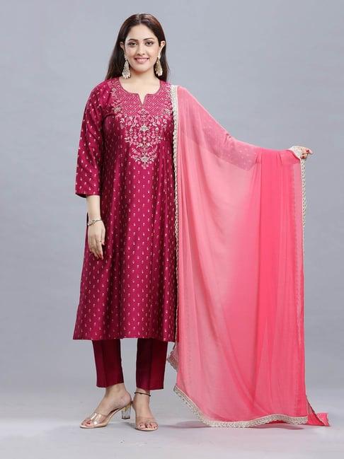 cotton culture wine embroidered kurta with pant & dupatta