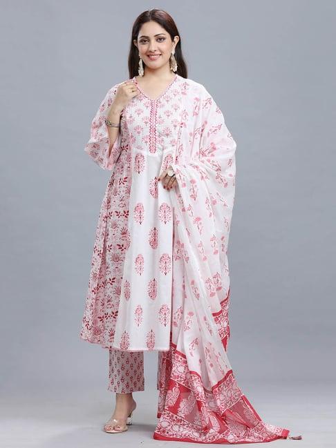 cotton culture white & pink printed kurta with pant & dupatta