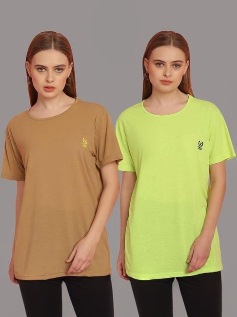 vimal jonney tan & lime green cotton t-shirt - pack of 2