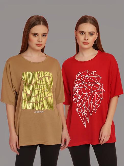 vimal jonney tan & red cotton printed t-shirt - pack of 2