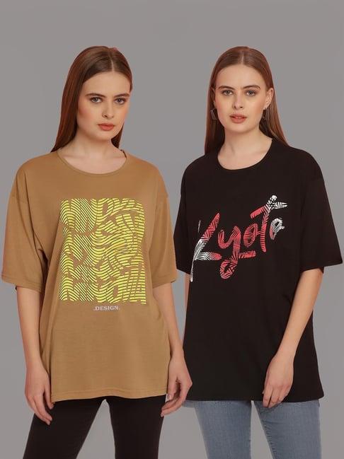 vimal jonney tan & black cotton printed t-shirt - pack of 2