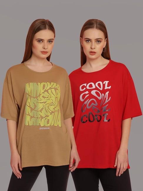 vimal jonney tan & red cotton printed t-shirt - pack of 2