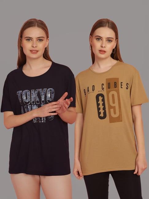 vimal jonney navy & tan cotton printed t-shirt - pack of 2