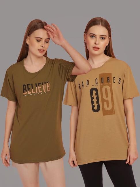 vimal jonney olive & tan cotton printed t-shirt - pack of 2