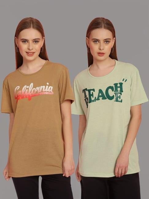 vimal jonney tan & green cotton printed t-shirt - pack of 2