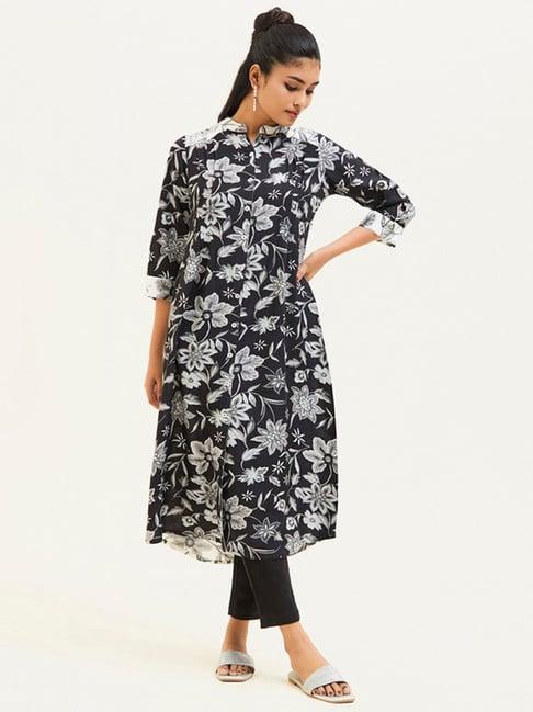 jaipur kurti black floral print straight kurta