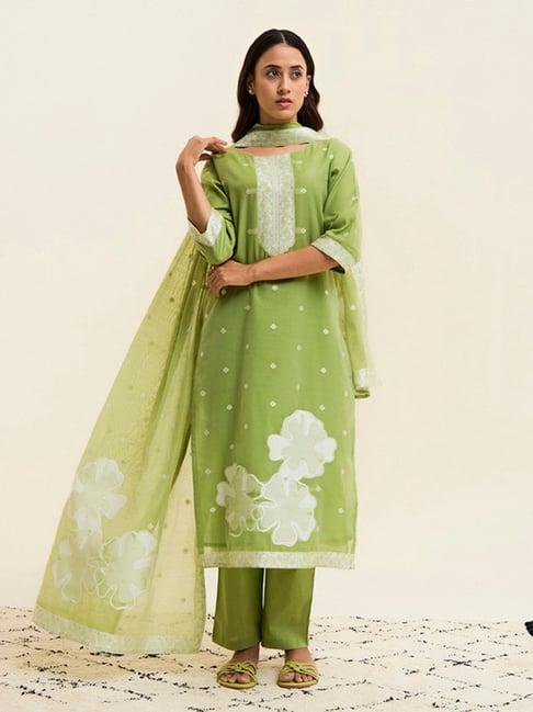 jaipur kurti green chanderi floral kurta with pant & dupatta