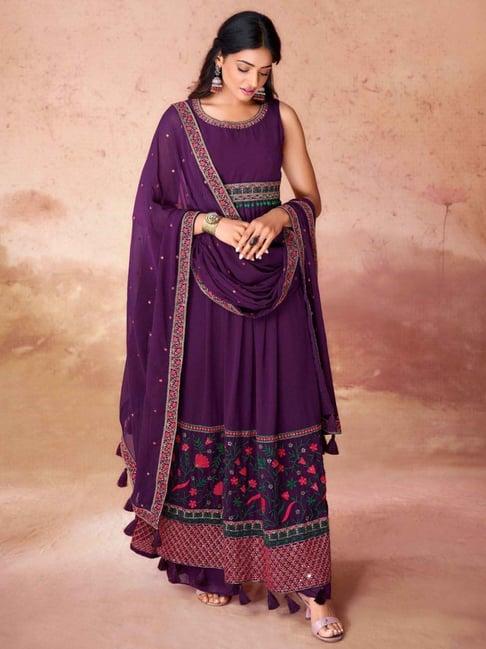 odette purple embroidered kurta pant set with dupatta