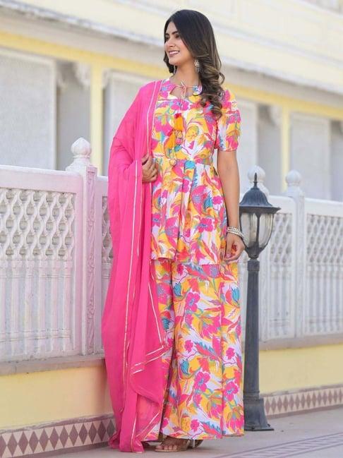 odette multicolored printed kurti palazzo set with dupatta