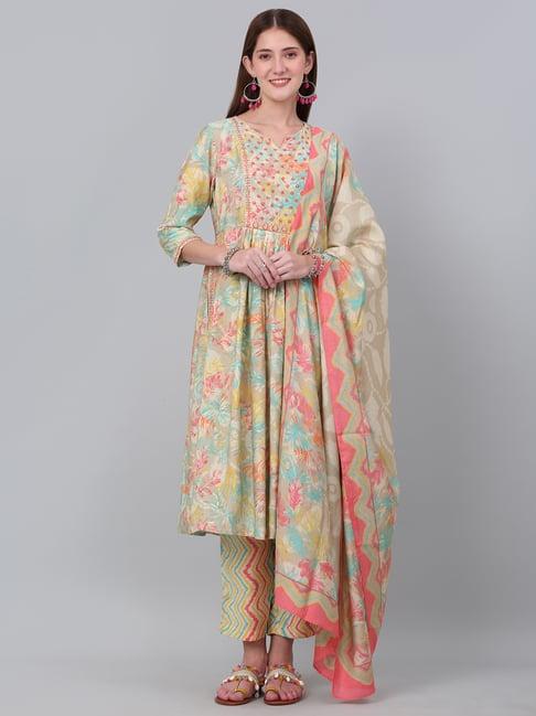 cantabil multicolor floral print kurta with pants & dupatta