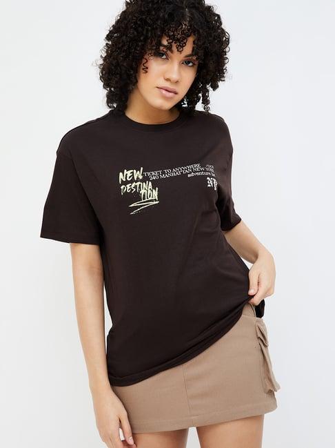 ginger by lifestyle brown graphic print oversized t-shirt