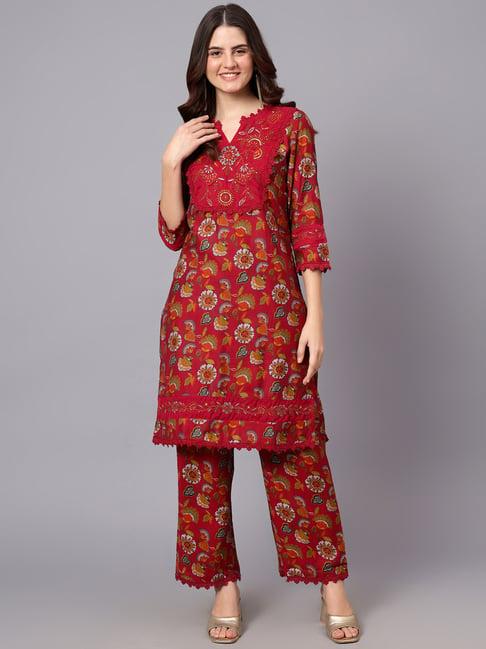 cantabil pink floral print kurta with palazzos