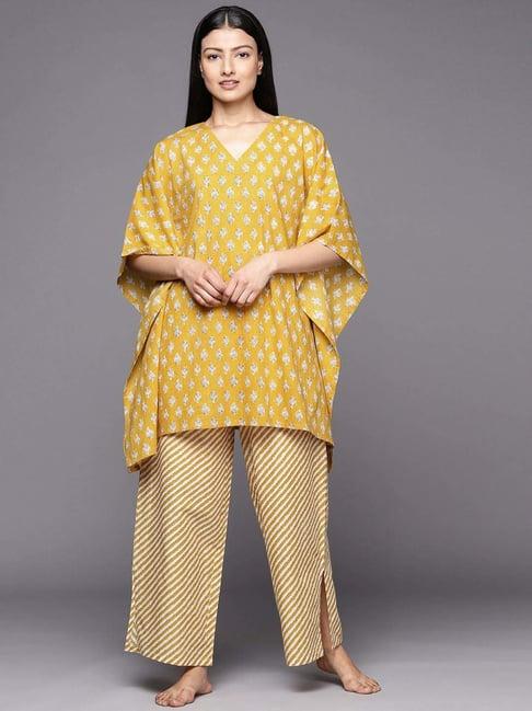 libas mustard cotton printed kaftan pyjamas set