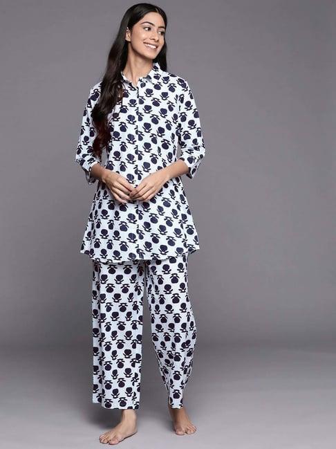 libas white cotton printed tunic pyjamas set