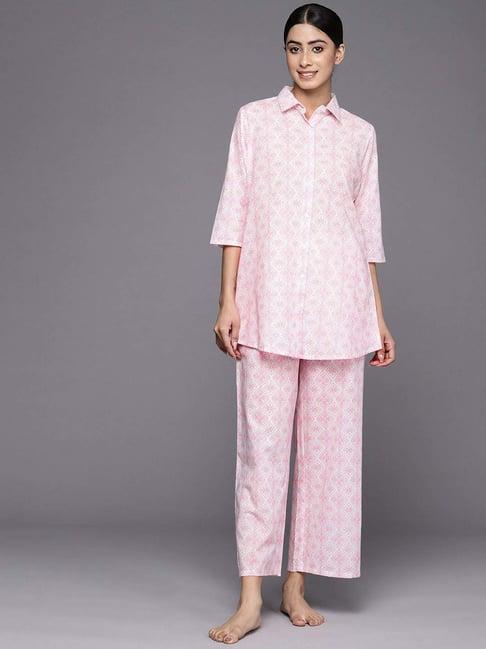 libas white cotton printed tunic pyjamas set